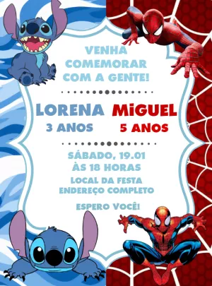 Convite Aniversário Duplo Stitch e Homem Aranha para Editar