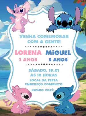 Convite Aniversário Duplo Stitch e Angel para Editar Online