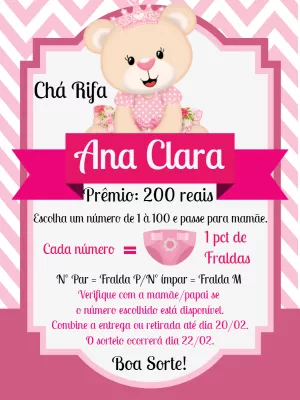 Chá Rifa Ursinha Princesa Editável para Enviar Online