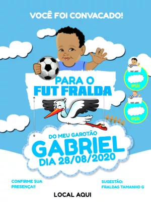 Convite Fut Fralda tema Futebol com Bebê para Editar Online