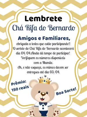 Lembrete Chá Rifa Ursinho Príncipe Dourado para Editar