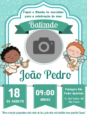 Convite de Batizado com Foto e Anjinhos para Editar Online