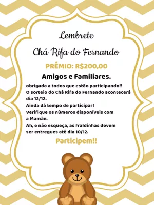 Lembrete Chá Rifa Ursinho Dourado para Editar Online