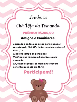 Lembrete Chá Rifa Ursinha Rosa para Editar Online