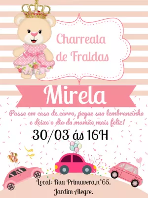 Convite Charreata de Fraldas Ursinha Princesa para Editar