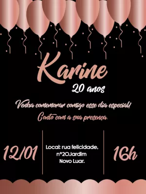 Convite de Aniversário Rosê Gold com Balões para Editar Online