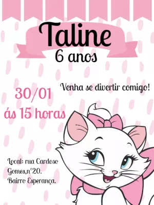 Convite Aniversário Gatinha Marie Fofo para Editar Online