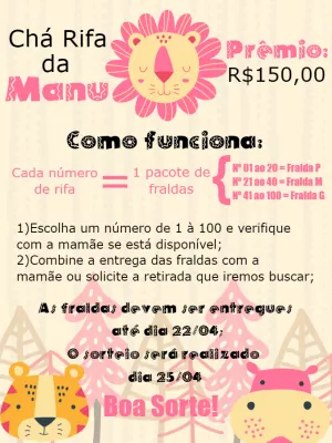 Convite Chá Rifa Safari Rosa com Animais para Editar Online