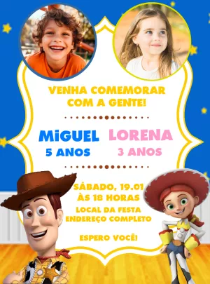 Convite Aniversário Duplo Toy Story com Foto para Editar Online