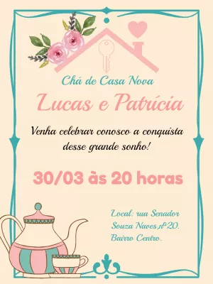 Convite Chá de Casa Nova com Flores e Bule para Editar Online