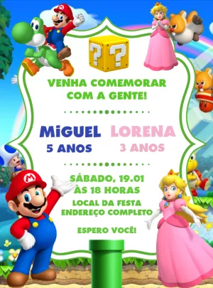 Convite Aniversário Duplo Super Mario e Peach para Editar