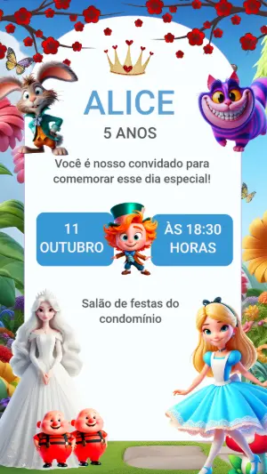 Convite de Aniversário Alice no País das Maravilhas para Editar