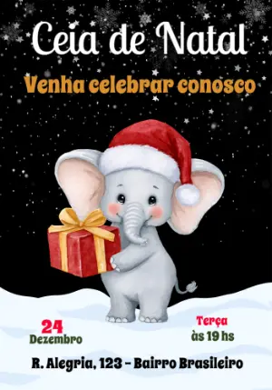 Convite para Ceia de Natal com Elefante Fofo Editável