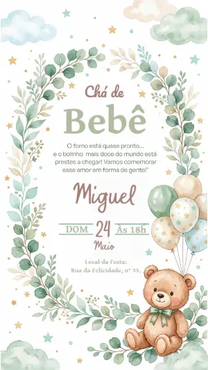 Convite Chá de Bebê Ursinho Aquarela Editável