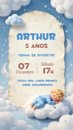 Convite de Aniversário Infantil Céu Estrelado Menino Editável