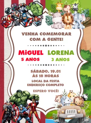 Convite Aniversário Duplo Vingadores e Safari para Editar Online