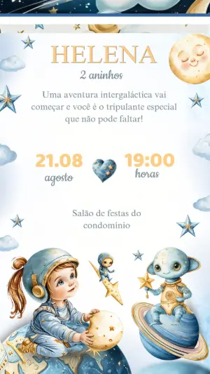 Convite de Aniversário Astronauta Menina para Editar Online