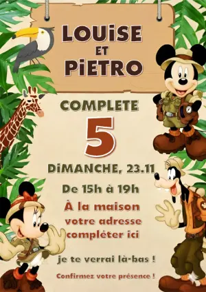 Invitation Anniversaire Safari Mickey et Minnie à Personnaliser