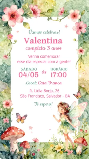 Convite de Aniversário Fada do Bosque Aquarela para Editar