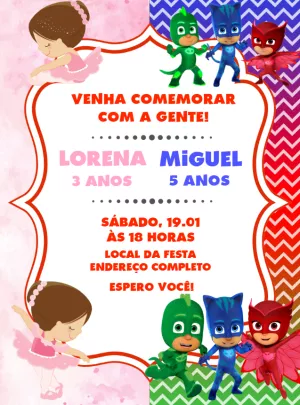 Convite Aniversário Duplo Bailarina e PJ Masks para Editar
