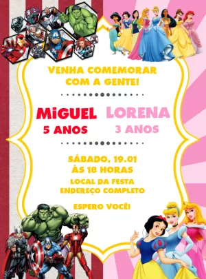 Convite Aniversário Duplo Vingadores e Princesas para Editar