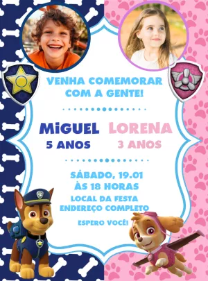Convite Aniversário Duplo Patrulha Canina com Foto para Editar