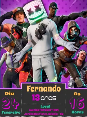 Convite Aniversário Fortnite com Personagens para Editar Online