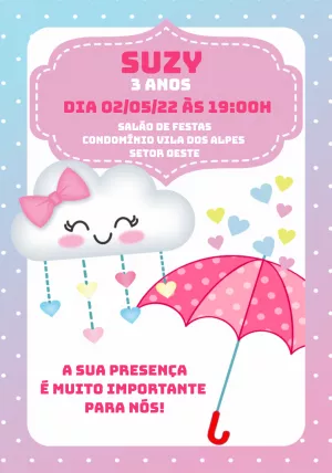Convite Aniversário Chuva de Amor com Nuvem Fofa para Editar