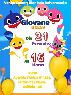 Convite de Aniversário Baby Shark para Editar e Imprimir Online