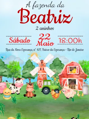 Convite Aniversário Fazendinha com Animais para Editar Online