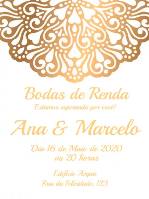 Convite Bodas de Renda Dourado para Editar Online
