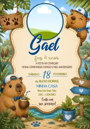 Convite de Aniversário Capivara com Foto para Editar