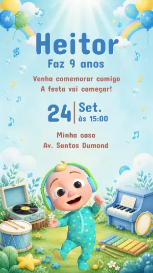 Convite de Aniversário Cocomelon Editável para Menino