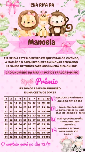 Convite Chá Rifa Safari Rosa com Animais para Editar Online