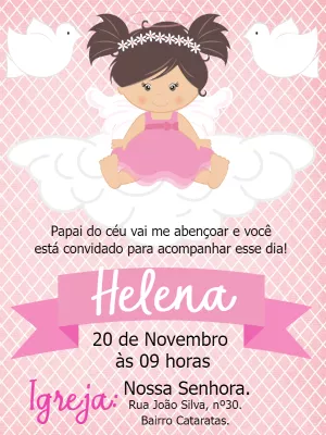 Convite de Batizado Menina Anjinha para Editar Online