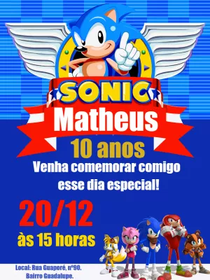 Convite de Aniversário Sonic com Personagens para Editar Online