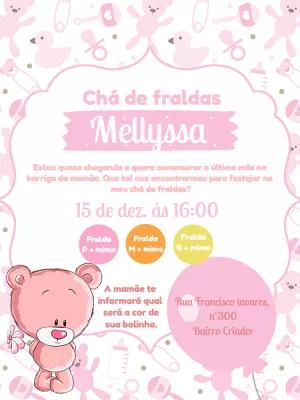 Convite Chá de Fraldas Ursinha Rosa para Editar Online