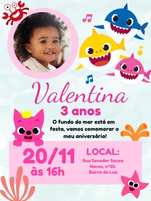 Convite de Aniversário Baby Shark com Foto para Editar Online