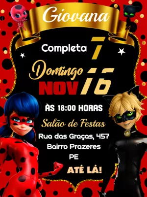 Convite de Aniversário Ladybug e Cat Noir para Editar Online