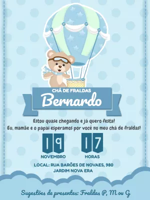 Convite Chá de Fraldas Ursinho Baloeiro para Editar Online