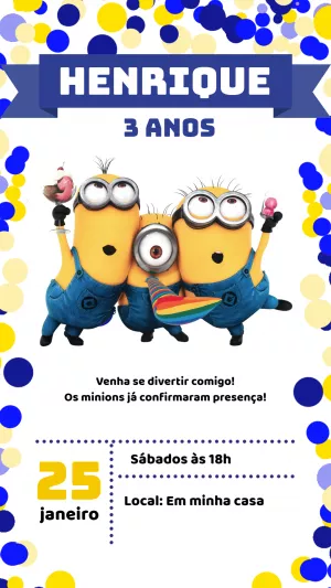 Convite de Aniversário Minions Editável Online para Imprimir