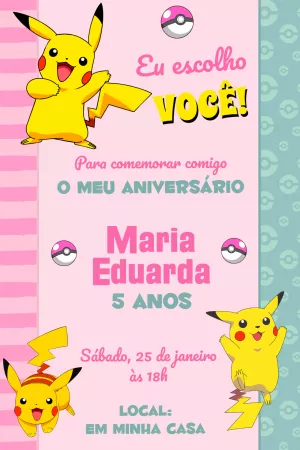 Convite de Aniversário Pokémon com Pikachu para Editar Online