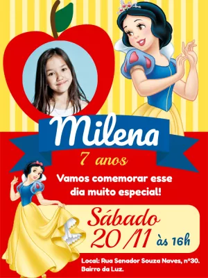 Convite Aniversário Branca de Neve com Foto para Editar Online
