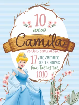 Convite Aniversário Cinderela Rústico para Editar Online