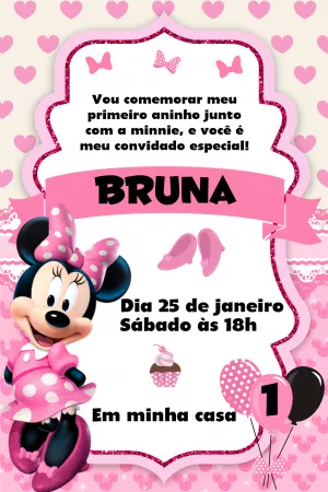 Convite de Aniversário Minnie Rosa para Editar Online