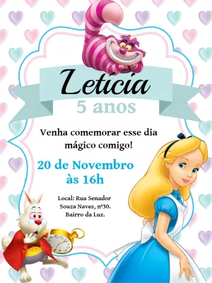 Convite Aniversário Alice no País das Maravilhas para Editar Online