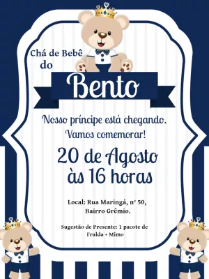 Convite de Chá de Bebê Ursinho Príncipe para Editar Online