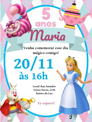 Convite Aniversário Alice no País das Maravilhas para Editar