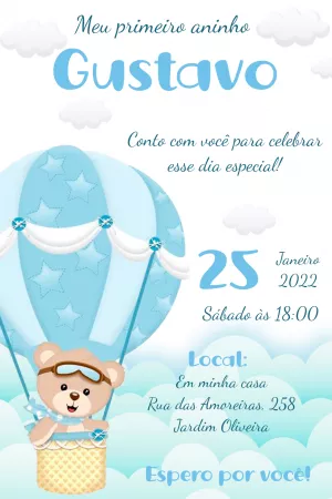 Convite Aniversário Urso Baloeiro para Editar Online