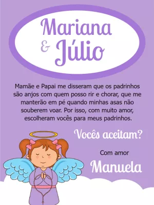 Convite para Padrinhos de Batismo Anjinha para Editar Online